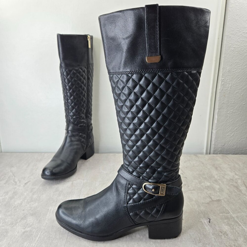 Knee High Equestrian Boots 9.5‎ Black Leather Quilted Tall Buckle Western Riding